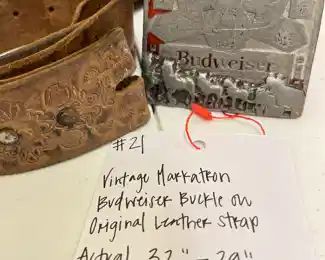 Vintage Budweiser Belt Buckle with original tooled leather strap 