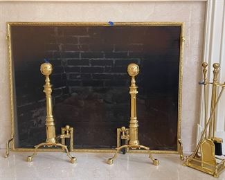 Solid brass fireplace screen, andirons with ball & claw feet.  Four-piece tool set with ball finial.