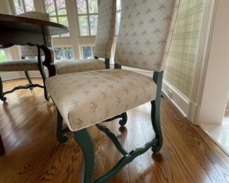 Hickory Chair:  European Country by Mark Hampton.  Two armchairs and four side chairs.  Custom painted and upholstered with Brunschwig & Fils Ribbon Treillage fabric.