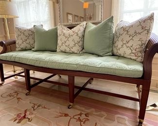 Baker Knapp & Tubbs Mahogany Cane Sofa.  82"W x 27"D x 36"H.  Cushion and pillows upholstered in fabric by Scalamandre.  