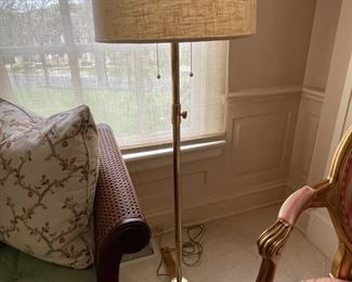 Nessen Polished Brass Adjustable Height Floor Lamp with Beige Linen Shade.  Two available.