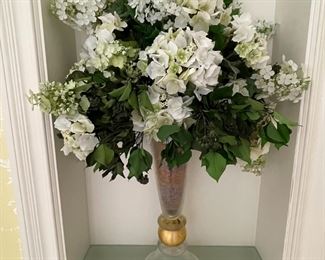 Tall, frosted glass vase with silk floral arrangement.  Two available.