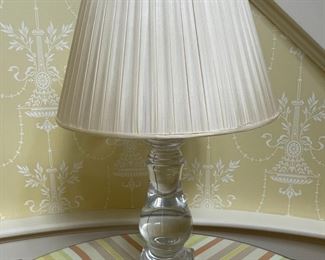 Wicker Works Baluster Lamp.  Clear Murano Leaded Glass with Silk Box Pleat Shade.  27 1/2" T