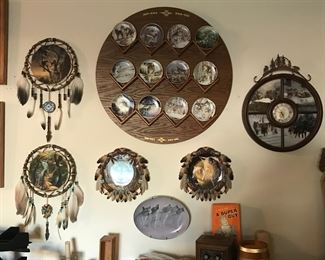 Large selection of Wolf inspired art. 12 piece Hamilton Collection Wolf plate set with display rack! Dreamcatchers galore!