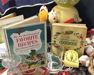 006 Vintage Kitchen 3 Pyrex Bowls, Fire King Measuring Cup, Lux Timer, Corningware, Aprons,  More