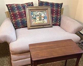 Loveseat PullOut Couch, Pillows, Vintage CopperNamel Painting, Piano Bench As Coffee Table