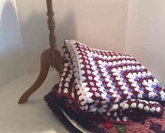 Pedestal Tea Table, 5x5 Crochet Blanket, And 42x30 Latch Hook Rug