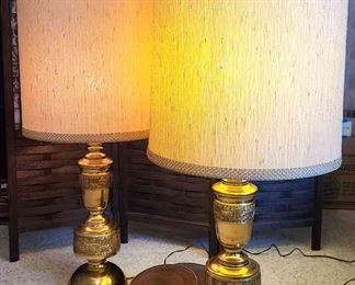 Two Giant MCM Brass Lamps With Shades
