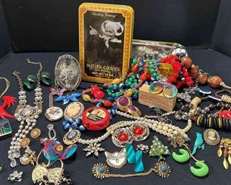 Vintage Colorful Costume Jewelry W Smoking Granny Cookie Tin