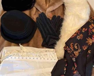 Vintage Cream Fur Collar, Acrylic Fur Coat, 2 Hats, Gloves, and More
