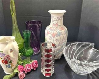 Vintage French Luminarc Crystal Triangle Vase W Cranberry Coloring, and More