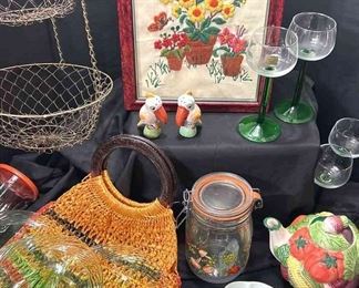 Vintage Luminarc Wine Glasses 4, Vintage Green Pyrex Bowls 4, Handmade Crewel, More