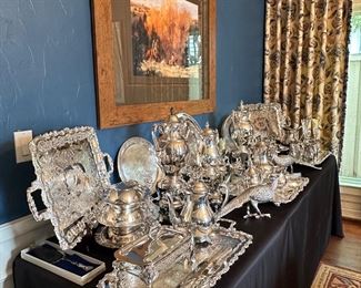 Table FULL of gorgeous silver serving pieces!