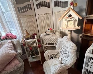 Vict childs rocker, sewing basket, 3 door screen,stand