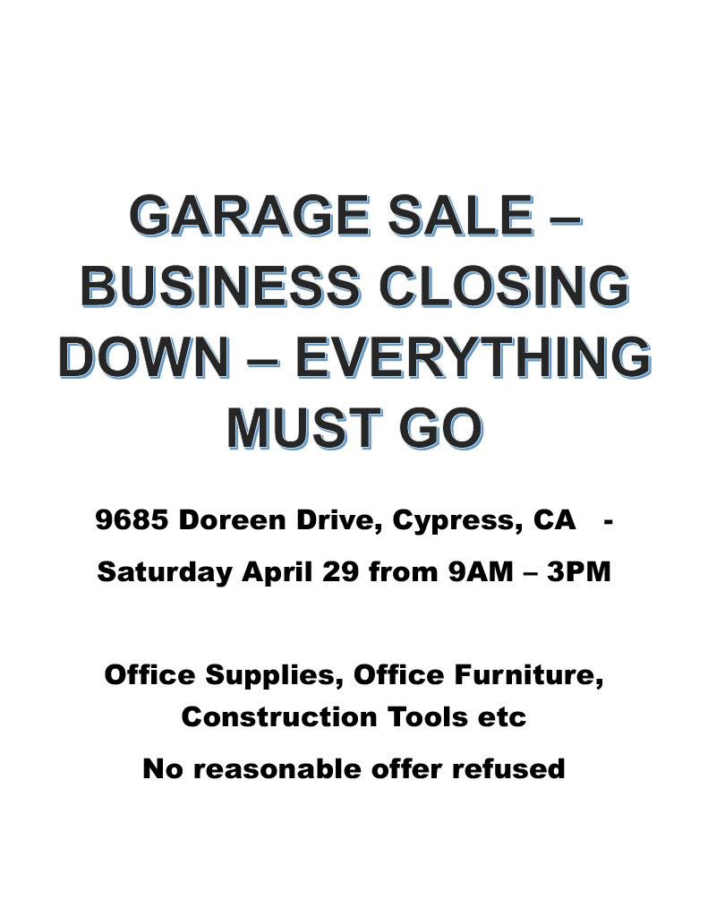 Business Liquidation Sale in Cypress, CA starts on 4/29/2023