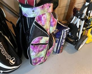 spreader garage items gas cans wheelbarrow generator golf bags clubs