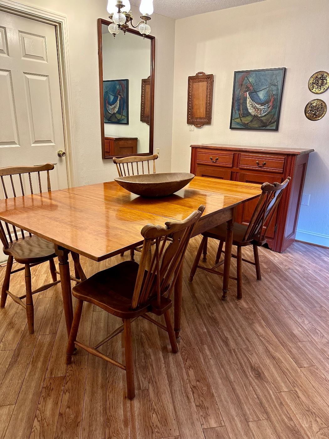 Stickley cherry dropleaf table, 2 different styles of Stickley side chairs, antique Buffet 