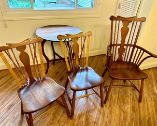 Stickley walnut Windsor style chairs With a Center panel back

