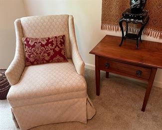 Mid century chair, walnut handmade table with signature inside drawer

