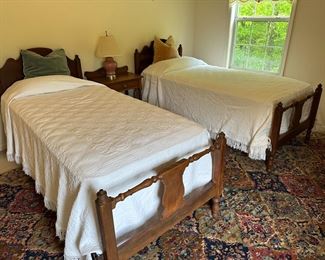Matching walnut twin beds, Martha Washington. Bedspreads cherry table
