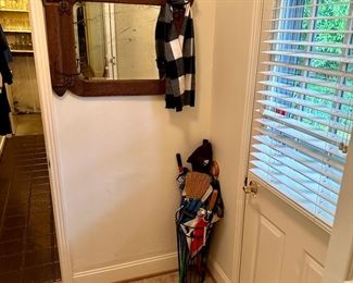 Oak hall mirror with coat hooks
