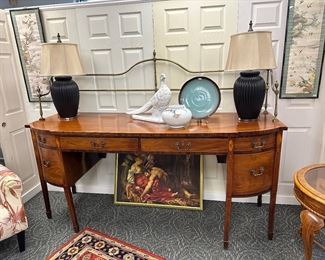 1820’s mahogany sideboard, with brass drapery bar, inlaid with satin wood, serpentine front, hidden torch blind cubby.