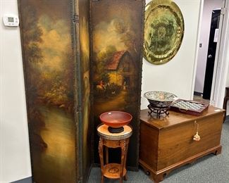 Hand painted Italian leather 1800’s room screen, reversible.