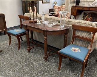 Handmade cherry chairs with needlepoint seats, sofa/hall table, antique steam whistle lamp with brass drum shade,