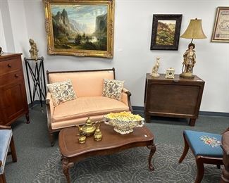 Handmade walnut sugar chest, vintage baker loveseat, chippendale leather inlaid mahogany coffee table, large scale original painting of Yosemite national park