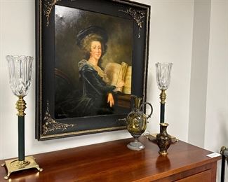 Antique unsigned restored Italian painting, antique French wine decanter, pair of buffet uplamps