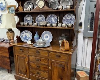 Handmade 1950’s pine hutch shown with pewter collection and blue and white pottery