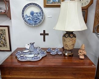 Blue and white deft stoneware blue and white English tea service with Tray handmade cherry drop leaf table made in Clarksville