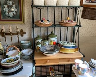 #17	baker rack with wood look counter w 2 drawers and 4 metal shelves 31x19x77 	 $175.00 			

