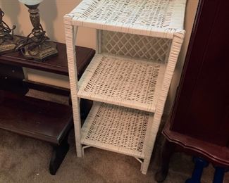 #36	white wicker shelf 3 shelves 13x13x28	 $30.00 			
