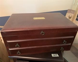 #39	wood jewelry box with 2 drawers and lift top  with side handles 15x10x7	 $30.00 			
