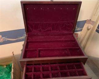 #39	wood jewelry box with 2 drawers and lift top  with side handles 15x10x7	 $30.00 			
