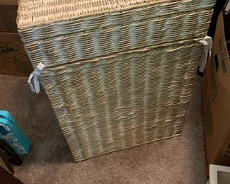 #42	gold and white painted wicker hamper with liner 18x13x25	 $45.00 			
