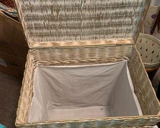 #42	gold and white painted wicker hamper with liner 18x13x25	 $45.00 			
