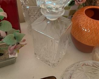 #70	crystal decanter with cap square  18 inch tall 	 $25.00 			
