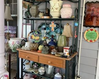 #80	as is drawer green metal baker rack with 4 metal shelves and wood look counter with 2 drawers 36x18x75 as is 	 $50.00 			
