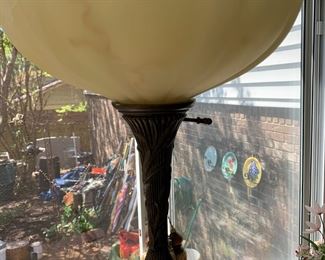 #86	gold up light floor lamp brass glass base 70 tall 	 $75.00 			
