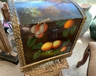 #88	wood trunk with   grape painted on it  with handles and 17x15x18	 $40.00 			

