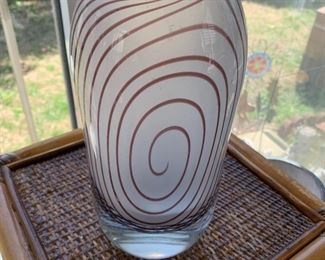 #92	pink and white blown glass vase 10 inches tall 	 $30.00 			
