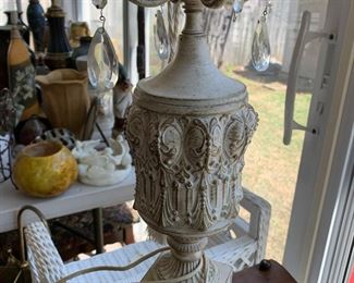 #93	heavy metal white washed lamp with prisms 	 $75.00 			
