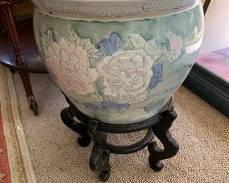 #95	Chinese pot with blue flowers with wood stand 11tx14 w	 $30.00 			
