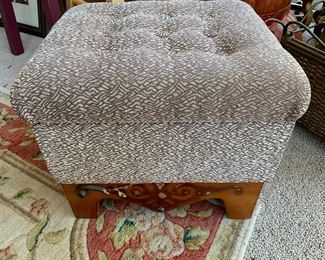 #103	tan fabric button top storage stool wood base as is design on front  15x13x13	 $25.00 			
