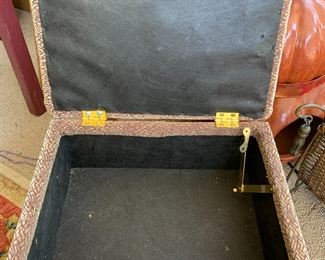 #103	tan fabric button top storage stool wood base as is design on front  15x13x13	 $25.00 			
