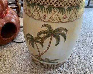 #106	garden stool with palm trees painted on it 11x18 	 $30.00 			
