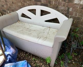 #135	plastic bench storage by Rubbermaid 53 long 	 $40.00 			
