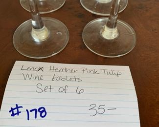 #178	Lenox Heather pink tulip wine goblets set of 6 	 $35.00 			
